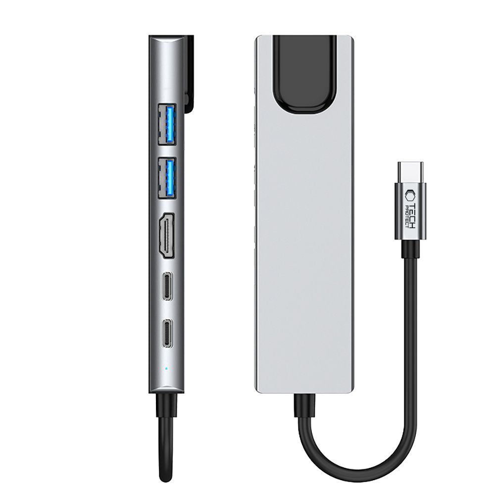 ADATTATORE HUB TECH-PROTECT HB02 6IN1 TYPE-C + USB2.0 + USB3.0 + HDMI 4K 30HZ + RJ45 + PD100W GRIGIO SPAZIALE
