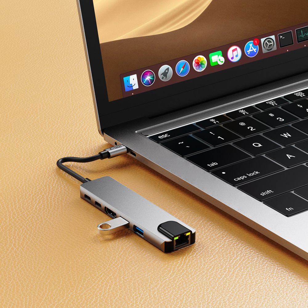 ADATTATORE HUB TECH-PROTECT HB02 6IN1 TYPE-C + USB2.0 + USB3.0 + HDMI 4K 30HZ + RJ45 + PD100W GRIGIO SPAZIALE