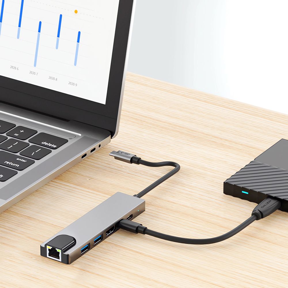 ADATTATORE HUB TECH-PROTECT HB02 6IN1 TYPE-C + USB2.0 + USB3.0 + HDMI 4K 30HZ + RJ45 + PD100W GRIGIO SPAZIALE