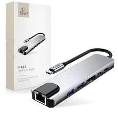 ADATTATORE HUB TECH-PROTECT HB02 6IN1 TYPE-C + USB2.0 + USB3.0 + HDMI 4K 30HZ + RJ45 + PD100W GRIGIO SPAZIALE
