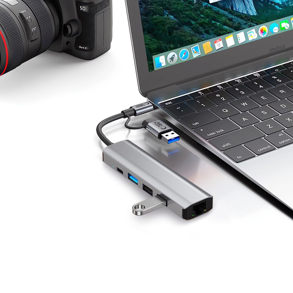 ADATTATORE HUB TECH-PROTECT HB03 5IN1 TYPE-C + USB2.0 + USB3.0 + RJ45 GRIGIO SPAZIALE