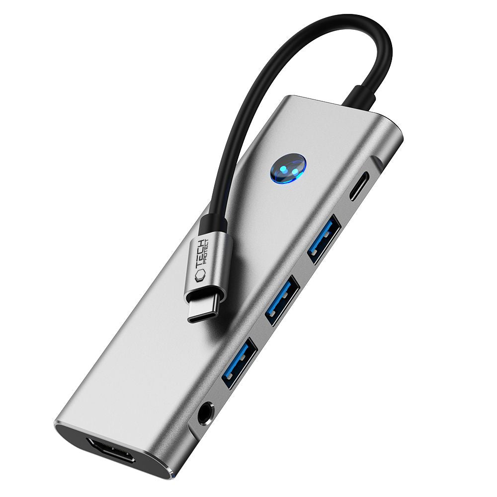 ADATTATORE HUB TECH-PROTECT HB04 9IN1 TYPE-C + USB2.0 + USB3.0 + HDMI 4K 60HZ + SD/TF + PD100W + AV3.5 GRIGIO SPAZIALE