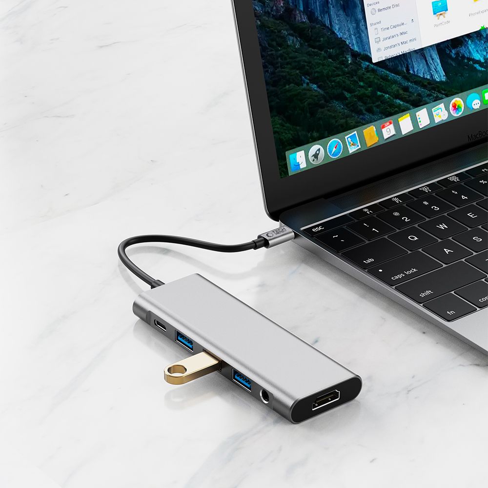 ADATTATORE HUB TECH-PROTECT HB04 9IN1 TYPE-C + USB2.0 + USB3.0 + HDMI 4K 60HZ + SD/TF + PD100W + AV3.5 GRIGIO SPAZIALE