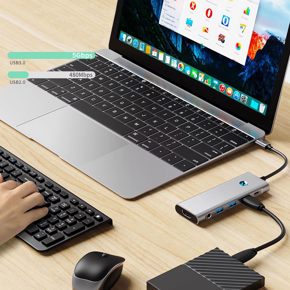 ADATTATORE HUB TECH-PROTECT HB04 9IN1 TYPE-C + USB2.0 + USB3.0 + HDMI 4K 60HZ + SD/TF + PD100W + AV3.5 GRIGIO SPAZIALE