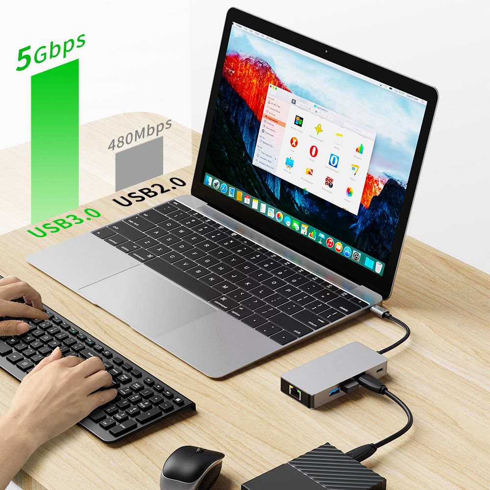 ADATTATORE HUB TECH-PROTECT HB05 9IN1 TYPE-C + USB2.0 + USB3.0 + HDMI 4K 60HZ + SD/TF + PD100W + RJ45 1000M GRIGIO SPAZIALE