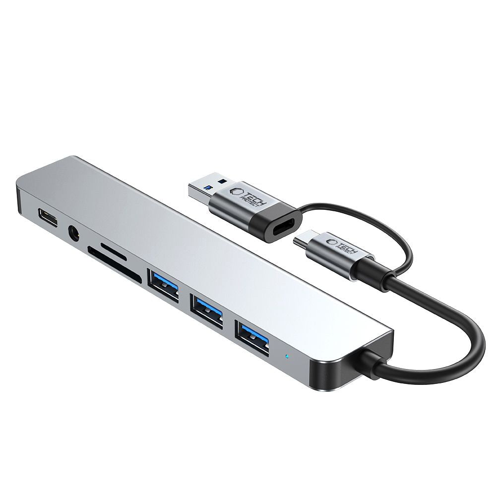 ADATTATORE HUB TECH-PROTECT HB06 9IN1 TYPE-C + USB2.0 + USB3.0 + SD/TF + AV3.5 GRIGIO SPAZIALE