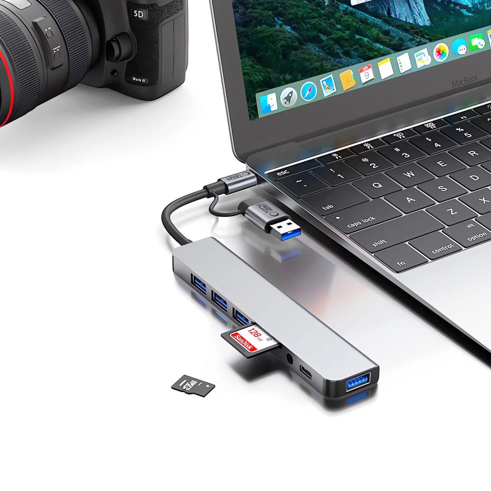 ADATTATORE HUB TECH-PROTECT HB06 9IN1 TYPE-C + USB2.0 + USB3.0 + SD/TF + AV3.5 GRIGIO SPAZIALE
