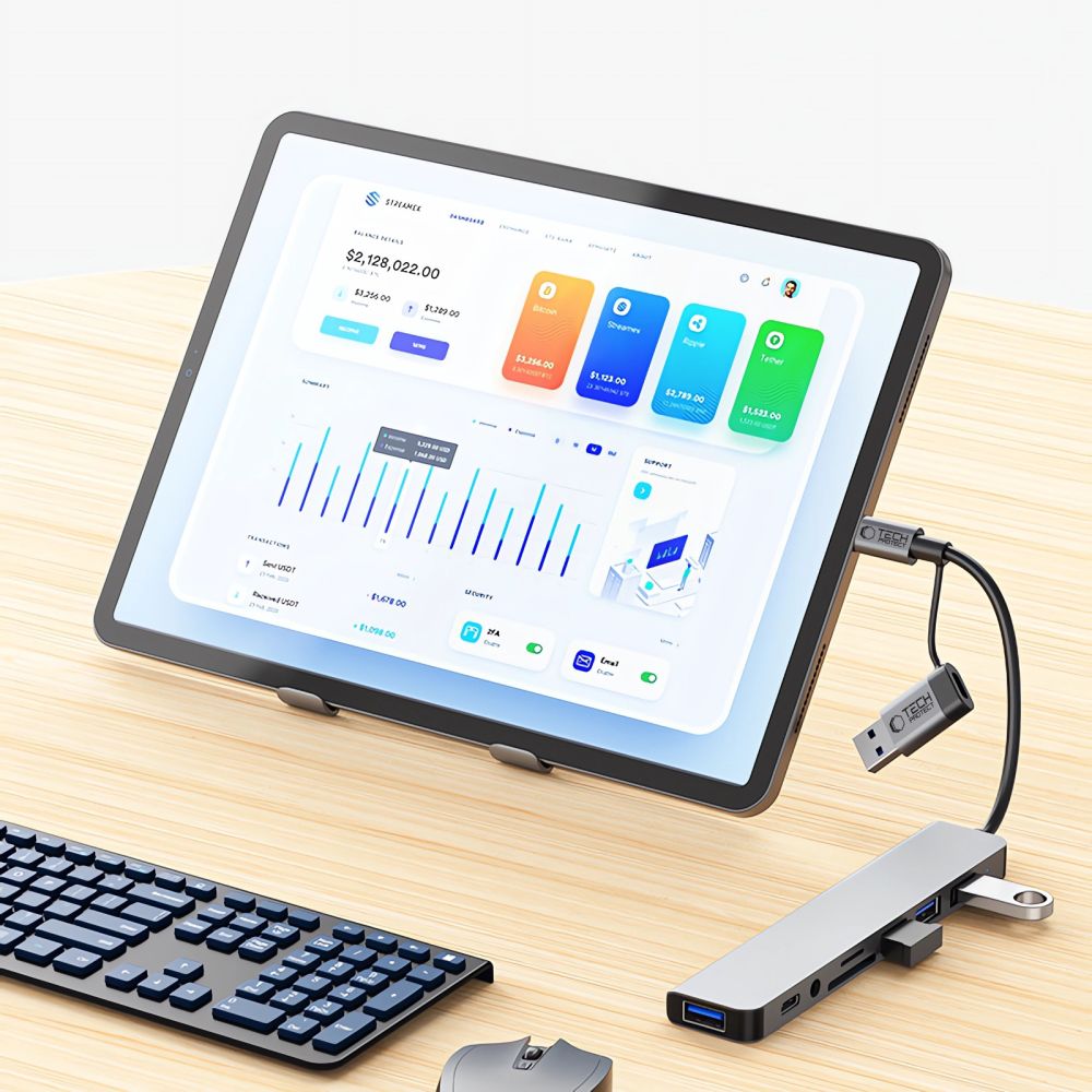 ADATTATORE HUB TECH-PROTECT HB06 9IN1 TYPE-C + USB2.0 + USB3.0 + SD/TF + AV3.5 GRIGIO SPAZIALE