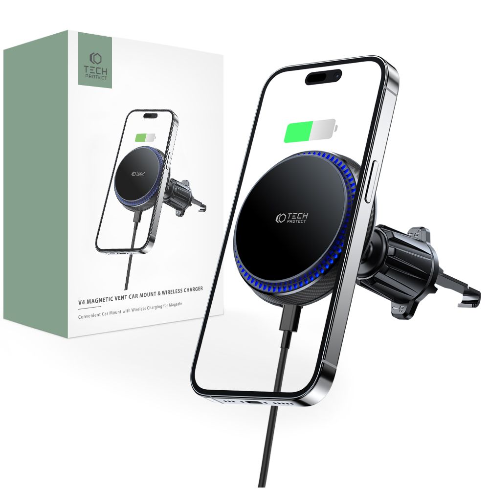 Supporto per telefono da auto con ricarica wireless TECH-PROTECT MM15W-V4 MAGNETIC MAGSAFE VENT CAR MOUNT WIRELESS CHARGER 15W NERO