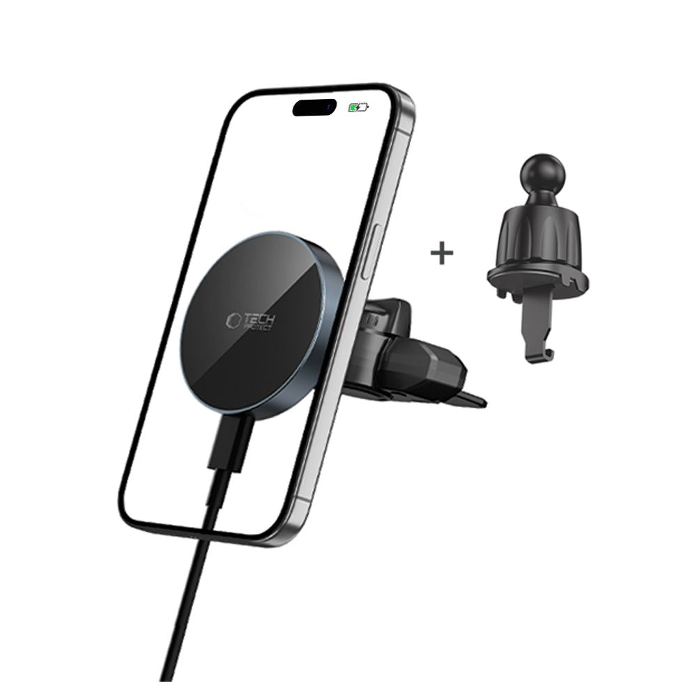 Supporto per telefono da auto con ricarica wireless TECH-PROTECT MM15W-V5 MAGNETIC MAGSAFE CD & VENT CAR MOUNT WIRELESS CHARGER 15W NERO/NERA