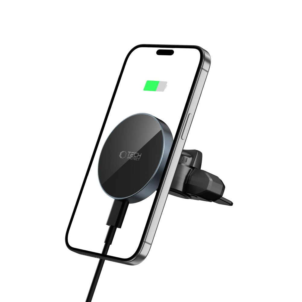 Supporto per telefono da auto con ricarica wireless TECH-PROTECT MM15W-V5 MAGNETIC MAGSAFE CD & VENT CAR MOUNT WIRELESS CHARGER 15W NERO/NERA