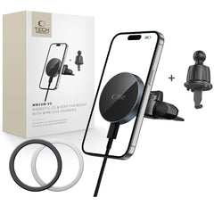 Supporto per telefono da auto con ricarica wireless TECH-PROTECT MM15W-V5 MAGNETIC MAGSAFE CD & VENT CAR MOUNT WIRELESS CHARGER 15W NERO/NERA