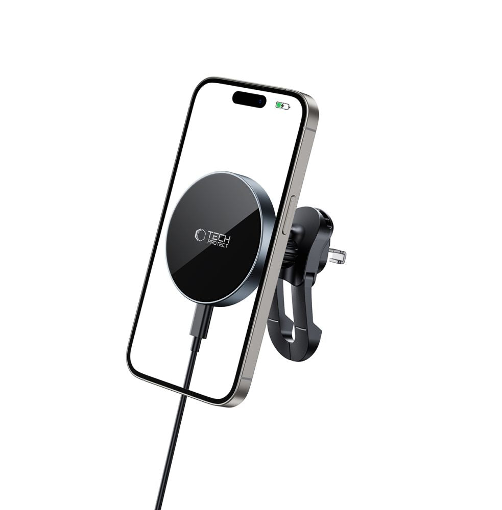 Supporto per telefono da auto con ricarica wireless TECH-PROTECT MM15W-V5 MAGNETIC MAGSAFE STABLE VENT CAR MOUNT WIRELESS CHARGER 15W NERO/NERO