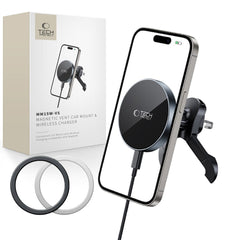Supporto per telefono da auto con ricarica wireless TECH-PROTECT MM15W-V5 MAGNETIC MAGSAFE STABLE VENT CAR MOUNT WIRELESS CHARGER 15W NERO/NERO