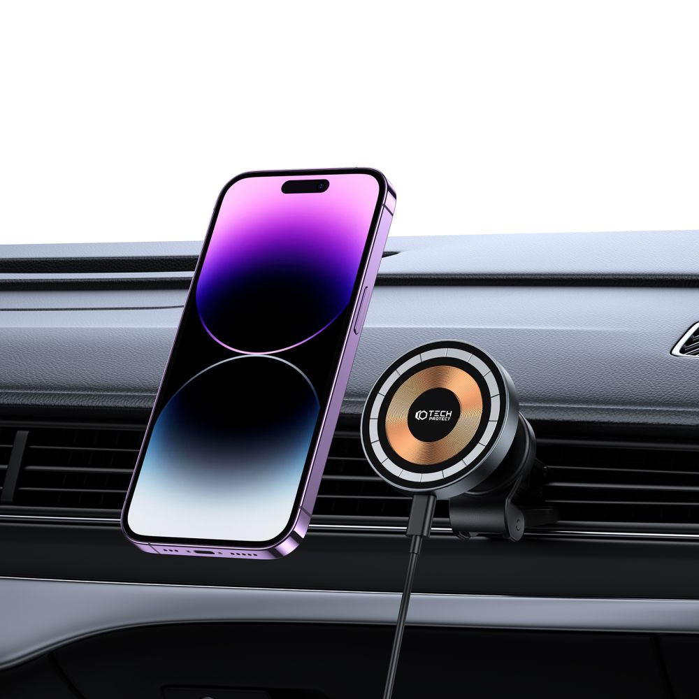 Supporto per telefono da auto con ricarica wireless TECH-PROTECT MM15W-V5 MAGNETIC MAGSAFE VENT CAR MOUNT WIRELESS CHARGER 15W NERO