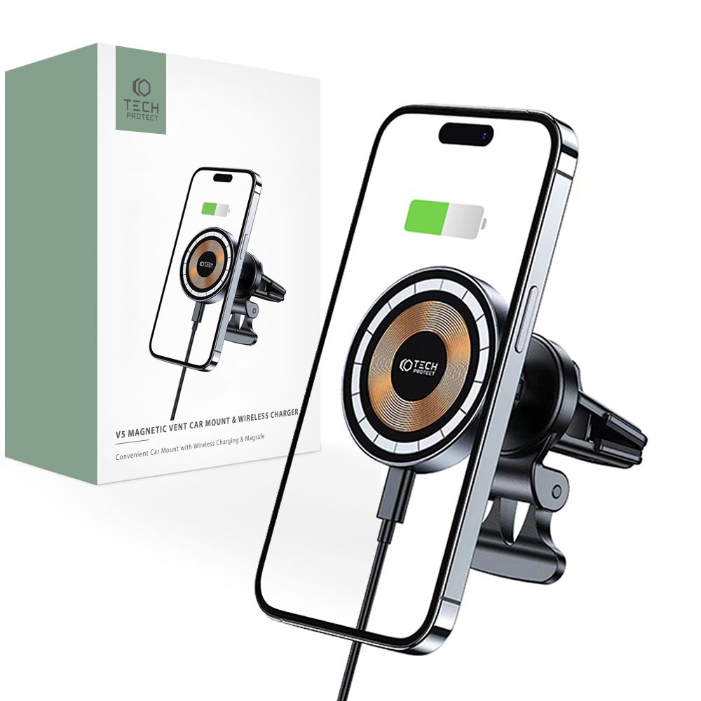 Supporto per telefono da auto con ricarica wireless TECH-PROTECT MM15W-V5 MAGNETIC MAGSAFE VENT CAR MOUNT WIRELESS CHARGER 15W NERO