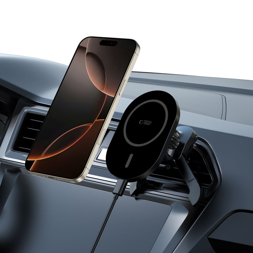 Supporto per telefono da auto con ricarica wireless TECH-PROTECT MM15W-V6 MAGNETIC MAGSAFE STABLE VENT CAR MOUNT WIRELESS CHARGER 15W NERO/NERO