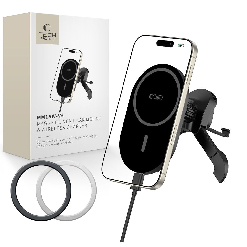 Supporto per telefono da auto con ricarica wireless TECH-PROTECT MM15W-V6 MAGNETIC MAGSAFE STABLE VENT CAR MOUNT WIRELESS CHARGER 15W NERO/NERO