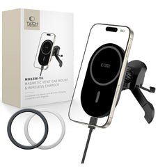 Supporto per telefono da auto con ricarica wireless TECH-PROTECT MM15W-V6 MAGNETIC MAGSAFE STABLE VENT CAR MOUNT WIRELESS CHARGER 15W NERO/NERO