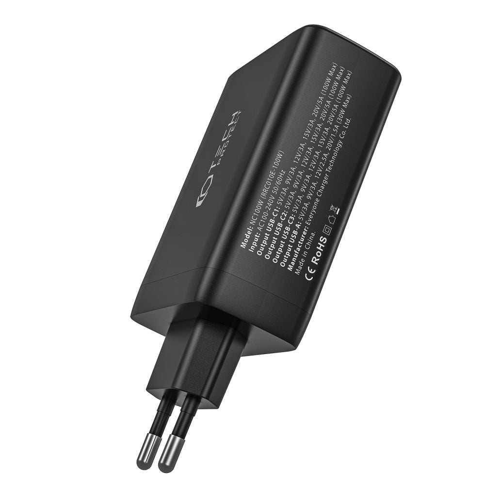 CARICATORE DI RETE PER CELLULARE E TABLET TECH-PROTECT NC100W-GAN CARICATORE DI RETE A 4 PORTE PD100W/QC3.0 NERO