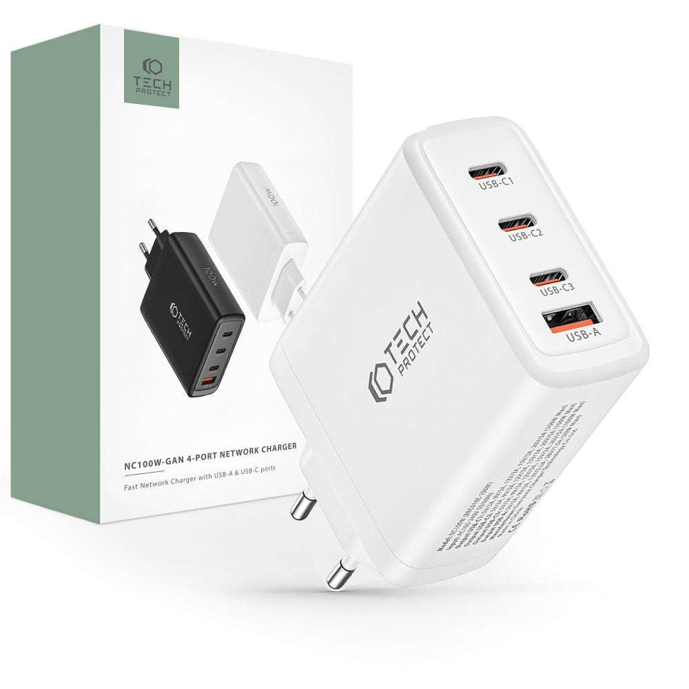 CARICATORE DI RETE PER CELLULARE E TABLET TECH-PROTECT NC100W-GAN CARICATORE DI RETE A 4 PORTE PD100W/QC3.0 BIANCO