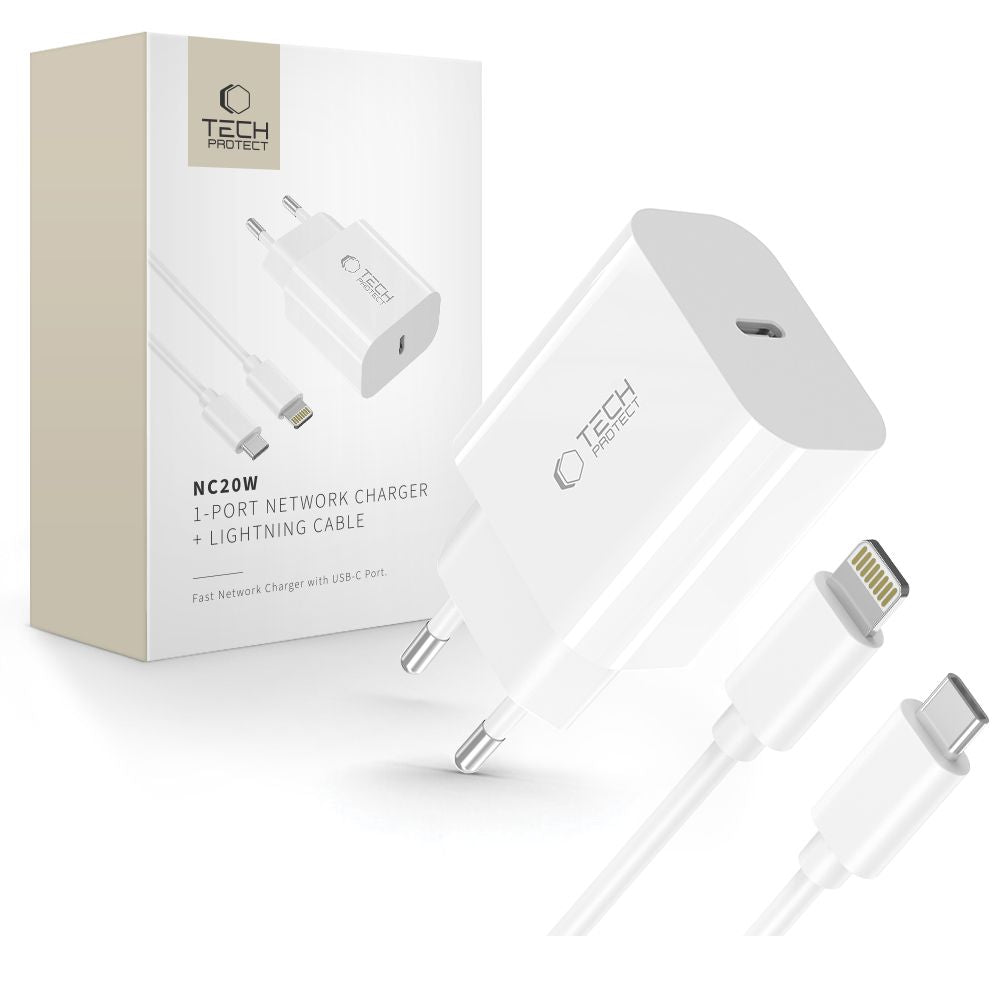 TECH-PROTECT NC20W CARICATORE DI RETE 1-PORTA PD20W + CAVO LIGHTNING BIANCO