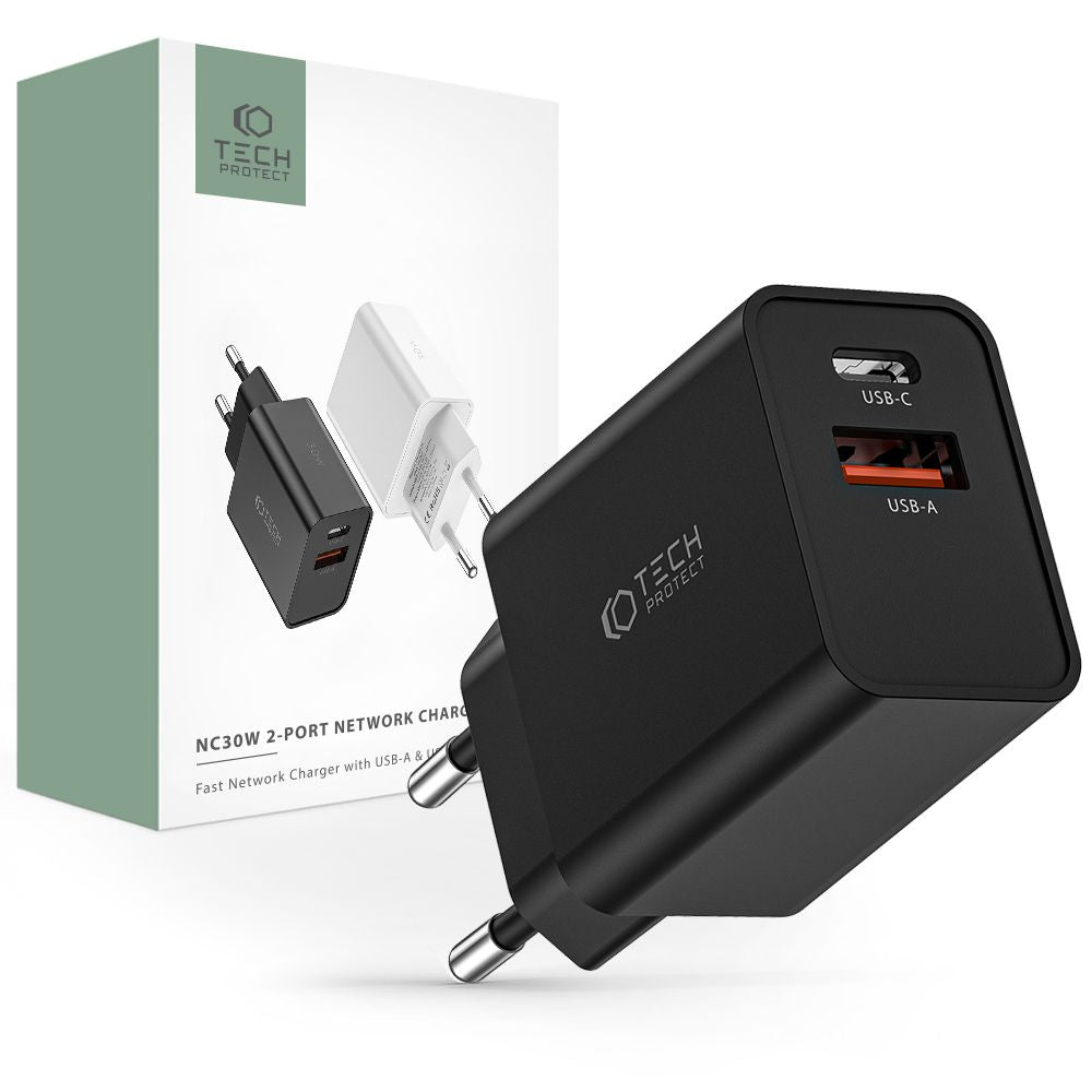 CARICATORE DI RETE PER CELLULARE E TABLET TECH-PROTECT NC30W CARICATORE DI RETE A 2 PORTE PD30W/QC3.0 NERO