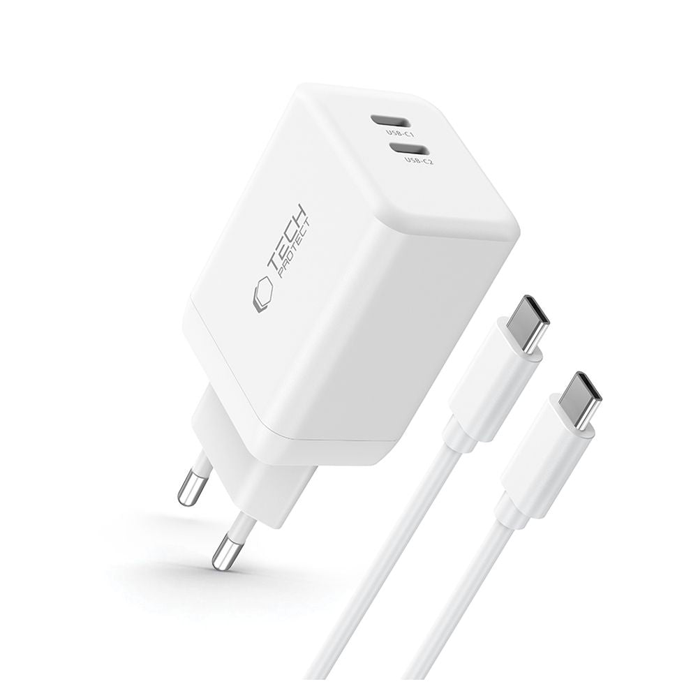 TECH-PROTECT NC45W-GAN CARICATORE DI RETE A 2 PORTE PD45W + CAVO TYPE-C BIANCO
