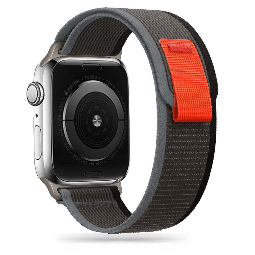 CINTURINO IN NYLON PER APPLE WATCH 4 / 5 / 6 / 7 / 8 / 9 / SE / ULTRA 1 / 2 (42 / 44 / 45 / 49 MM) NERO/ARANCIONE