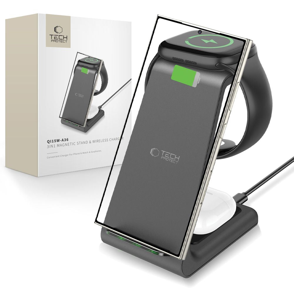 TECH-PROTECT QI15W-A36 CARICATORE WIRELESS 3IN1 PER ANDROID NERO