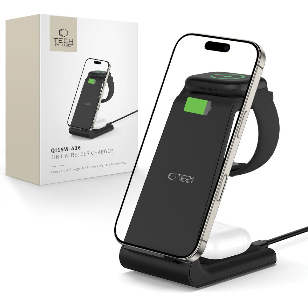 TECH-PROTECT QI15W-A36 CARICATORE WIRELESS 3IN1 PER APPLE NERO