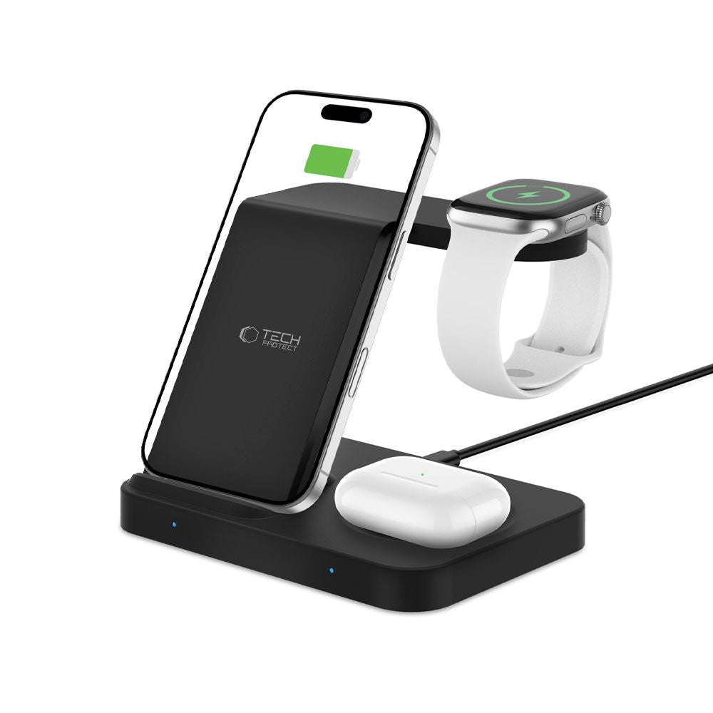 TECH-PROTECT QI15W-A37 CARICATORE WIRELESS 3IN1 PER ANDROID E APPLE NERO