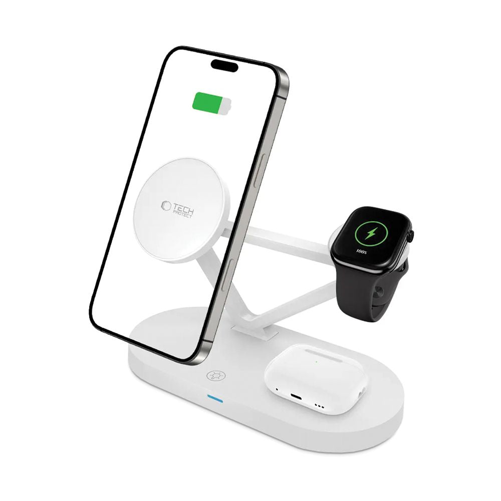 STAZIONE DI RICARICA TECH-PROTECT QI15W-A41 3IN1 MAGNETICA MAGSAFE CARICATORE WIRELESS BIANCO