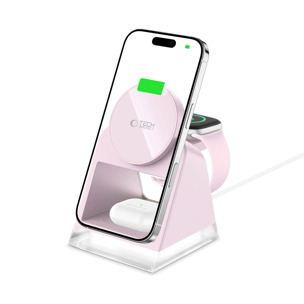 STAZIONE DI RICARICA TECH-PROTECT QI15W-A43 3IN1 MAGNETICA MAGSAFE CARICATORE WIRELESS ROSA BABY