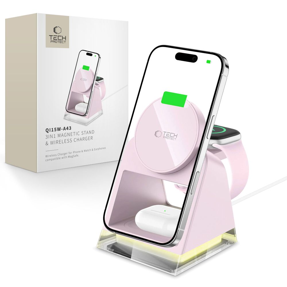 STAZIONE DI RICARICA TECH-PROTECT QI15W-A43 3IN1 MAGNETICA MAGSAFE CARICATORE WIRELESS ROSA BABY