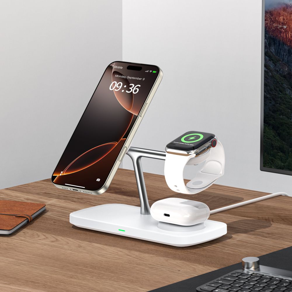 STAZIONE DI RICARICA TECH-PROTECT QI15W-A45 3IN1 MAGNETICA MAGSAFE CARICATORE WIRELESS BIANCO
