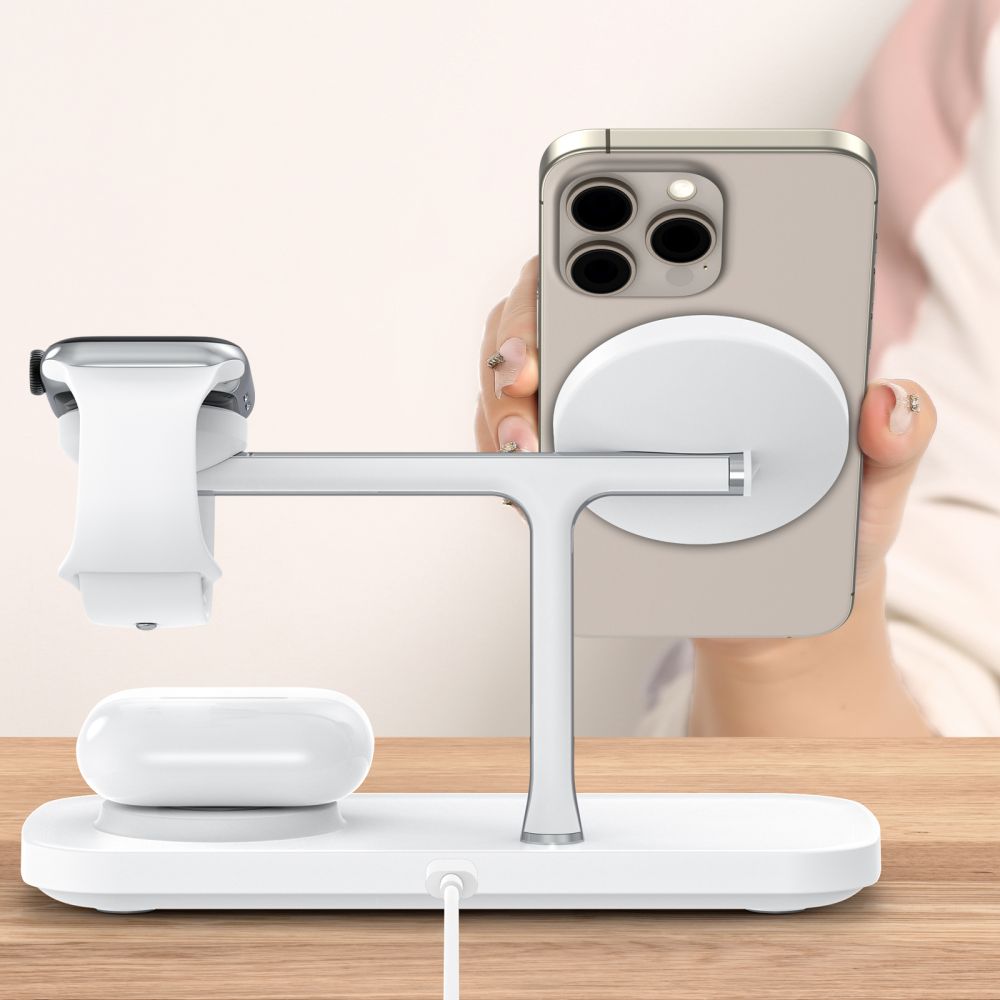 STAZIONE DI RICARICA TECH-PROTECT QI15W-A45 3IN1 MAGNETICA MAGSAFE CARICATORE WIRELESS BIANCO