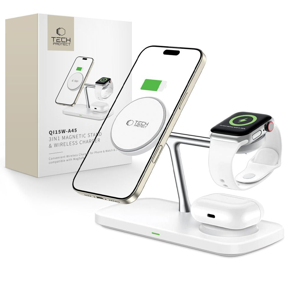 STAZIONE DI RICARICA TECH-PROTECT QI15W-A45 3IN1 MAGNETICA MAGSAFE CARICATORE WIRELESS BIANCO