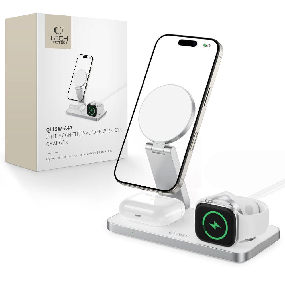 TECH-PROTECT QI15W-A47 3IN1 MAGNETIC MAGSAFE CARICATORE WIRELESS BIANCO